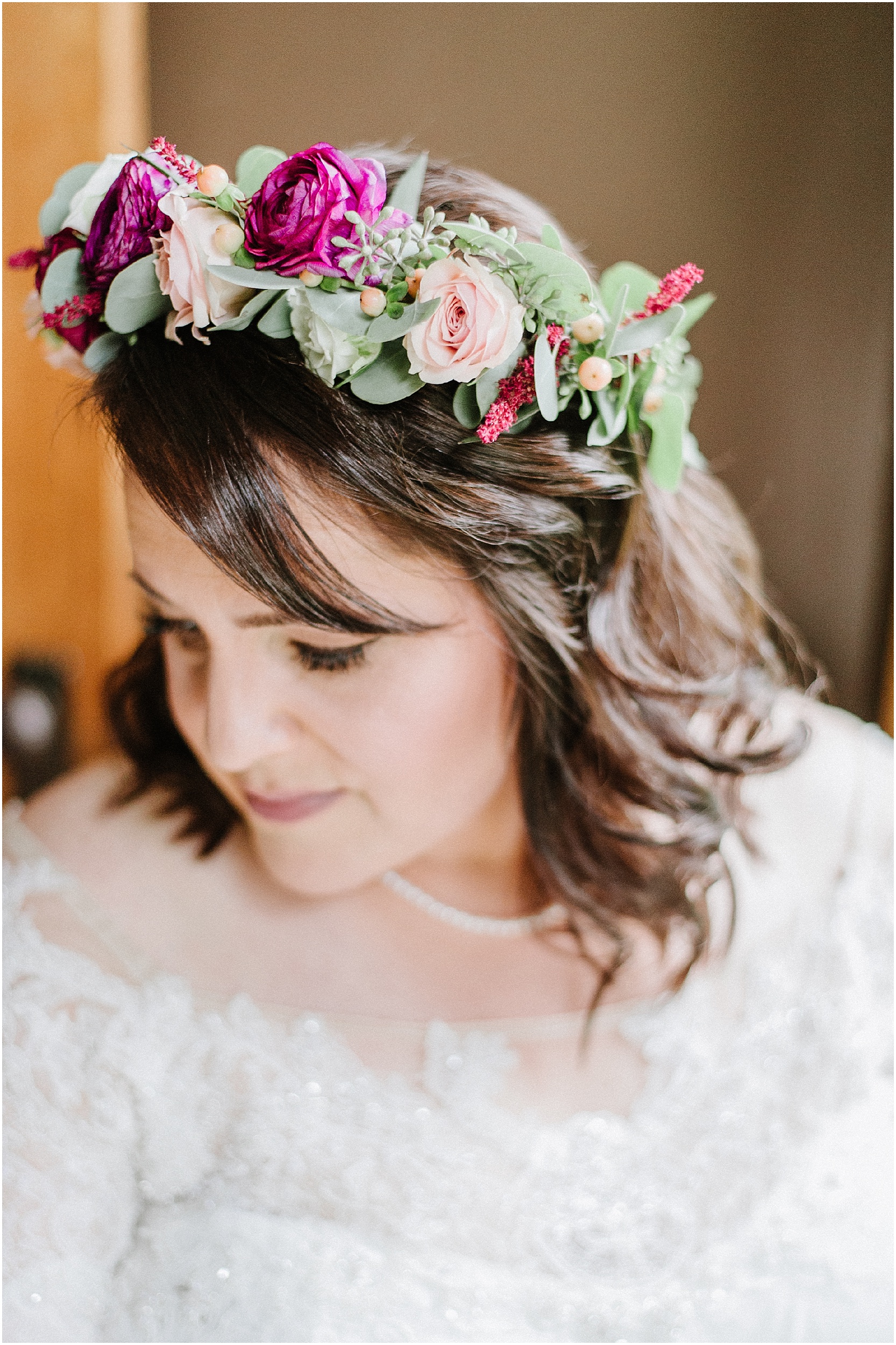 bride wearing rustic fall floral crown