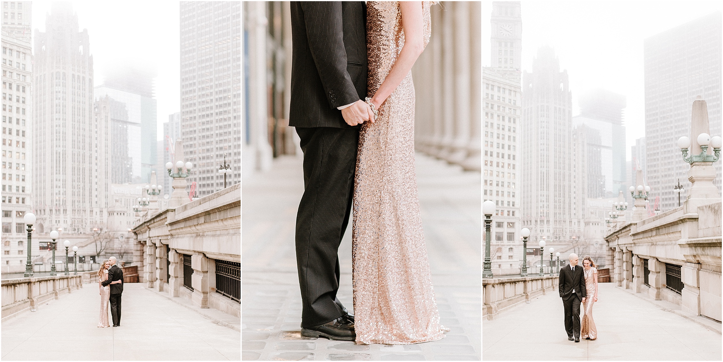couple walking in downtown chicago at union station wearing badgley mischka and black suit