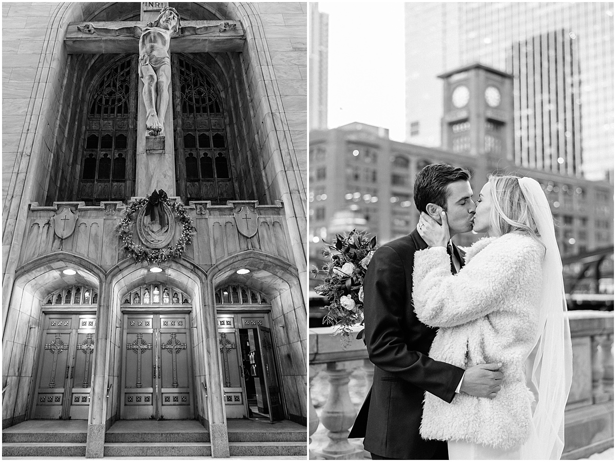 bride and groom kissing at st peters cathedral chicago