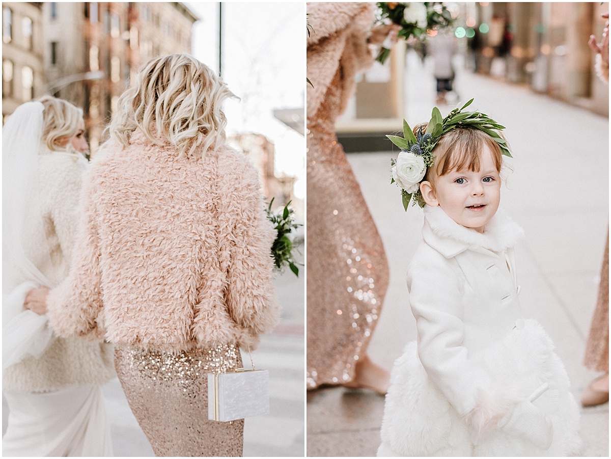 flower girl wearing winter floral crown and white jacket