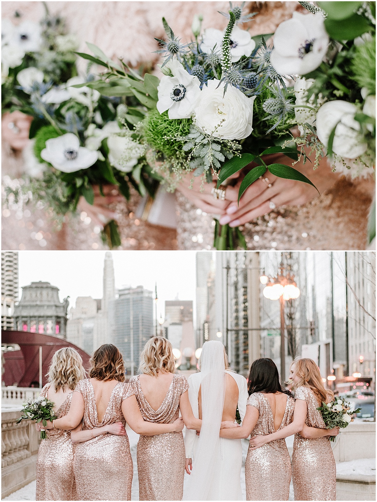 bridesmaids wearing low back dresses holding white blue and green winter bouquets