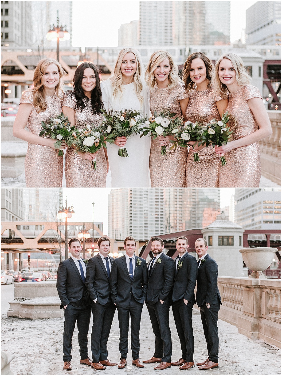 bridesmaids wearing rose gold badgley mischka gowns and groomsmen wearing blue suits