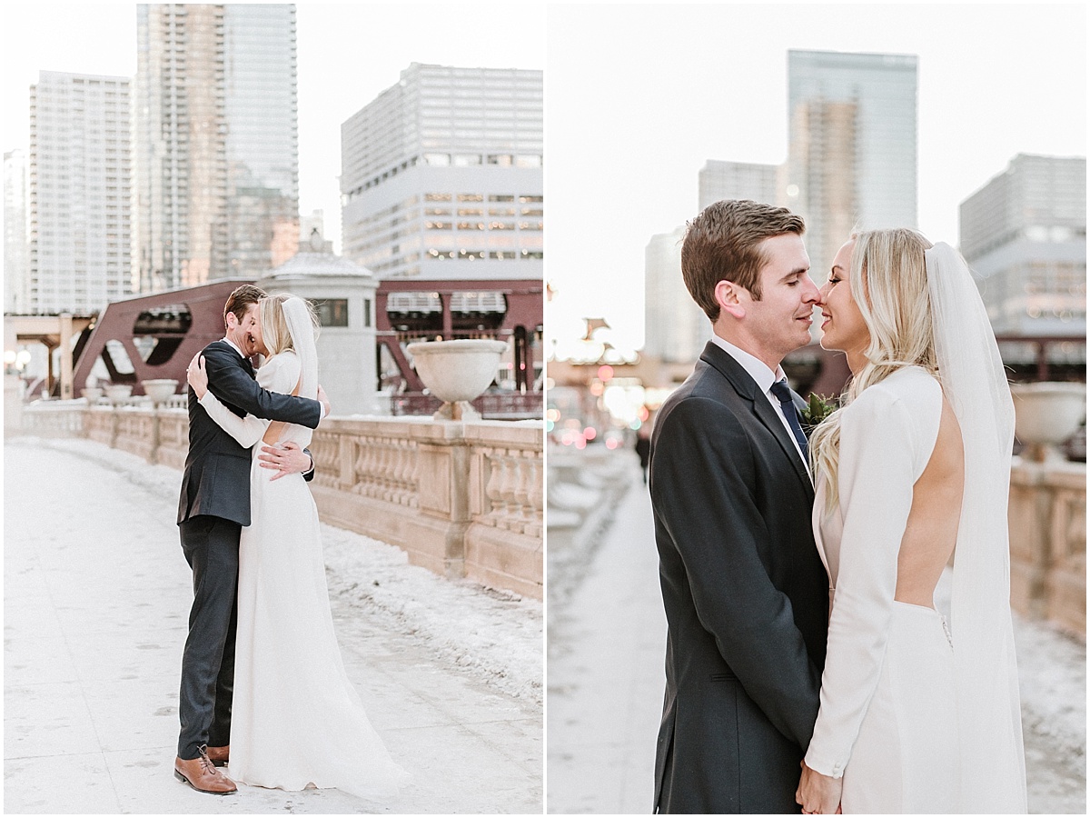 bride and groom in front of downtown bridge in chicago