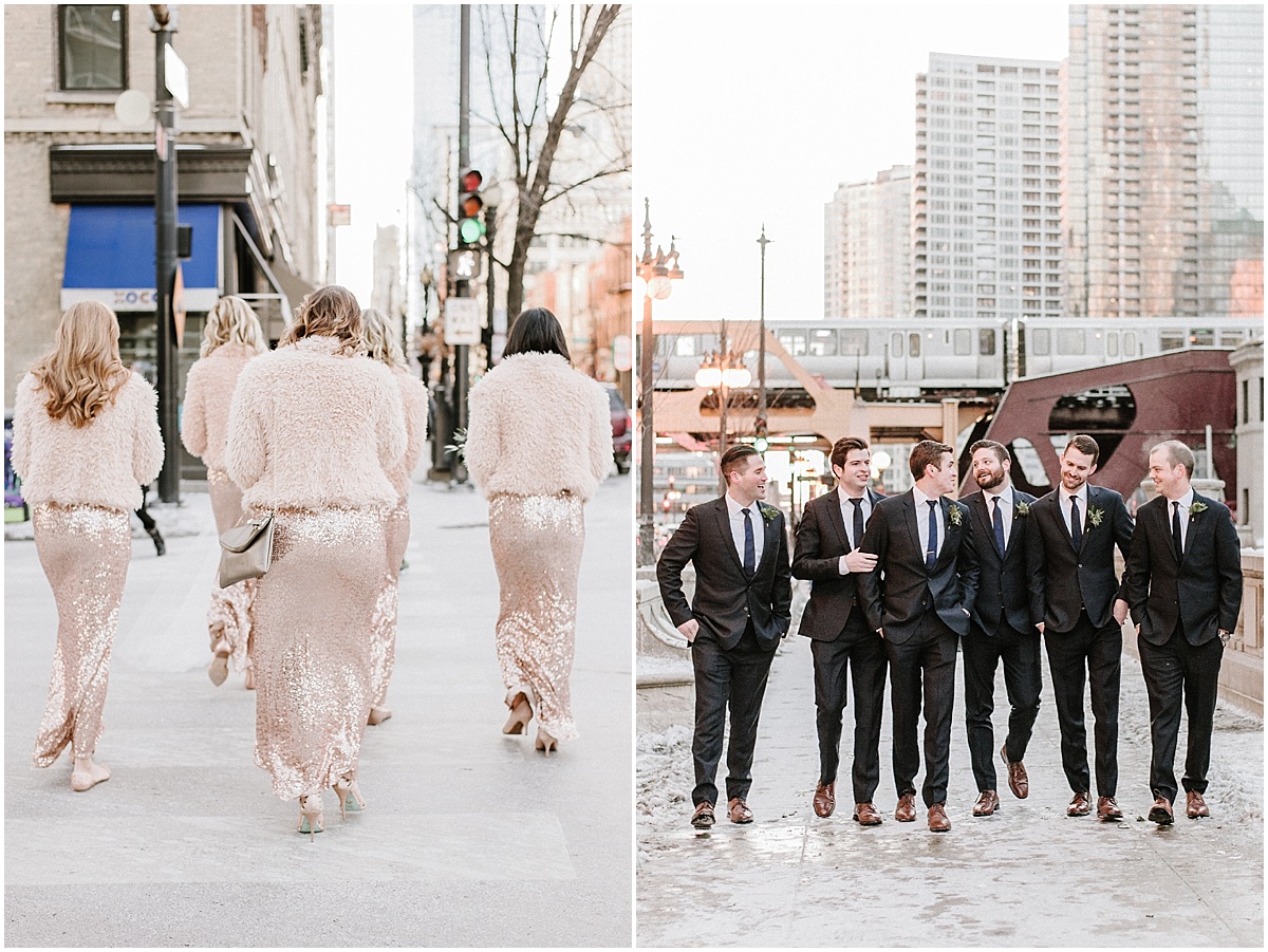 bridesmaids and groomsmen walking in downtown chicago