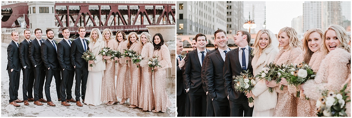 bridal party standing by river in downtown chicago