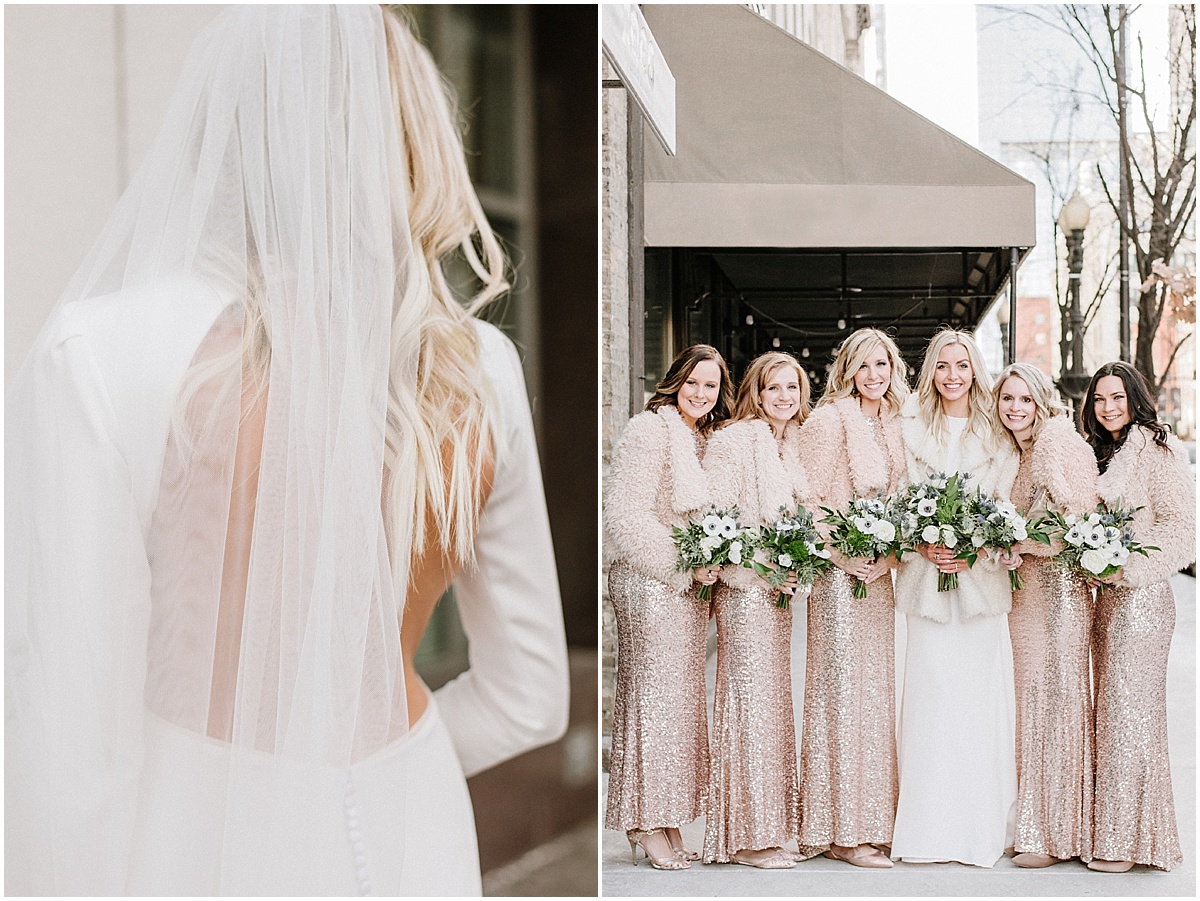bride and bridesmaids wearing rose gold badgley mischka gowns