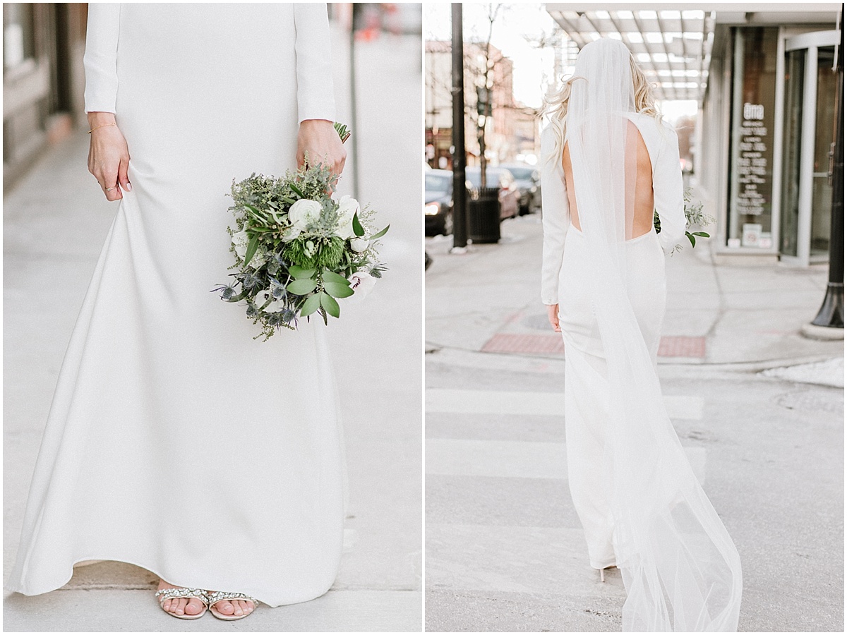 bride wearing long backless dress walking in chicago