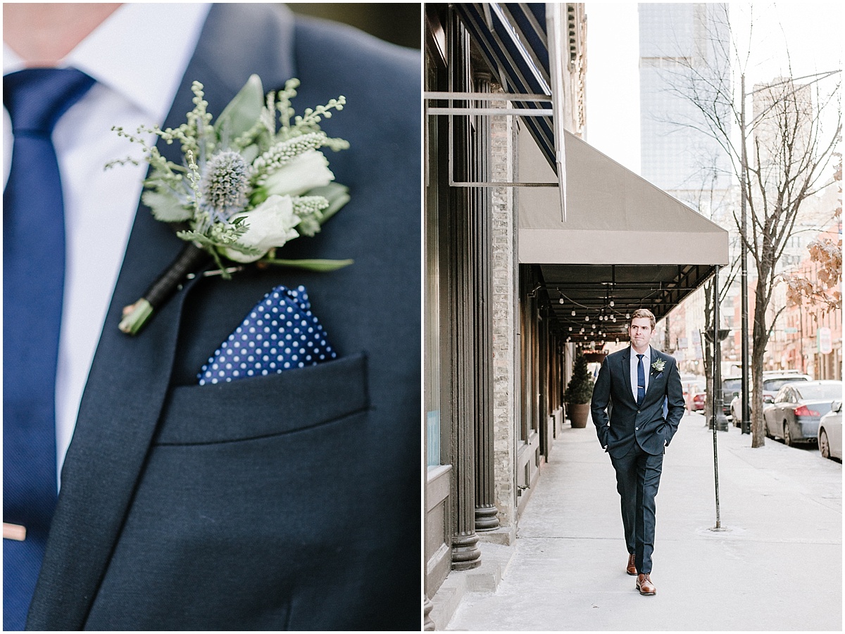 groom wearing blue and white winter boutonniere