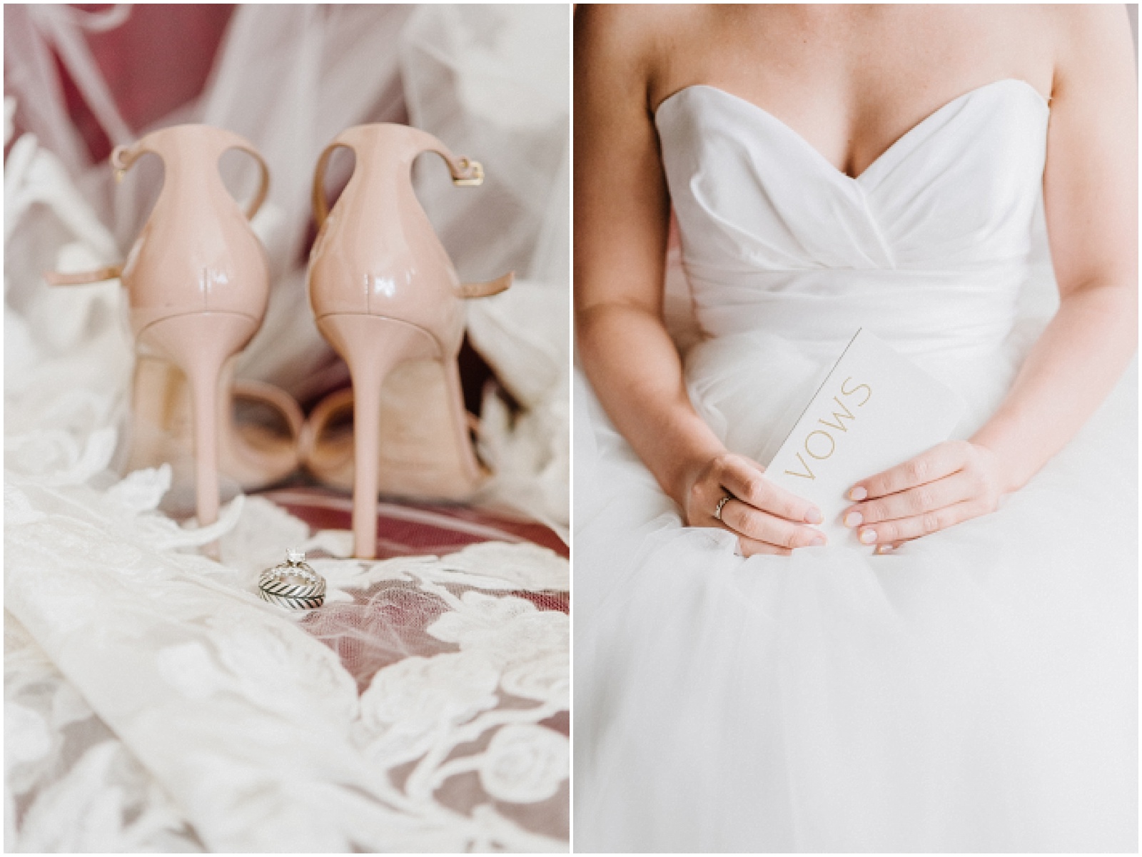 blush pink wedding shoes on flower veil and bride holding white vow book