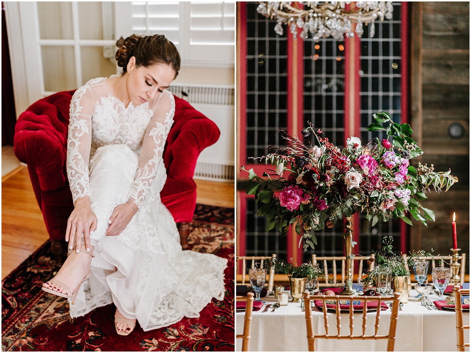 bride in lace dress sitting and putting on shoes with an elegant reception table set up