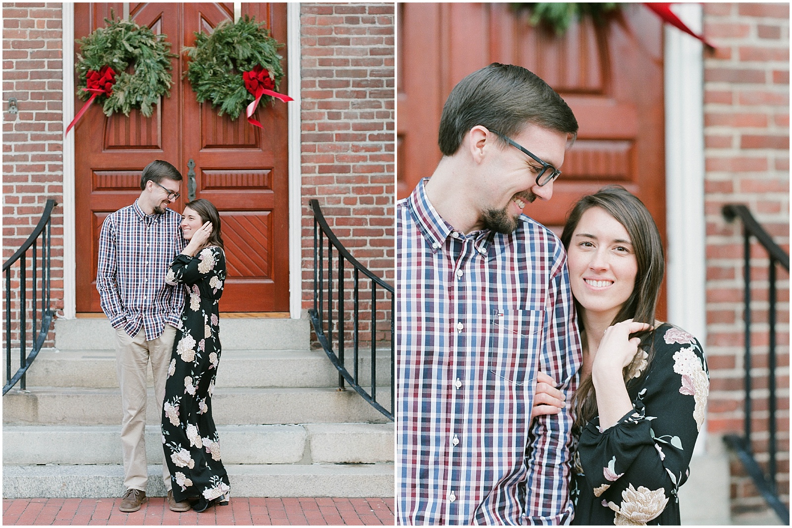 couple in front of doors during christmas engagement