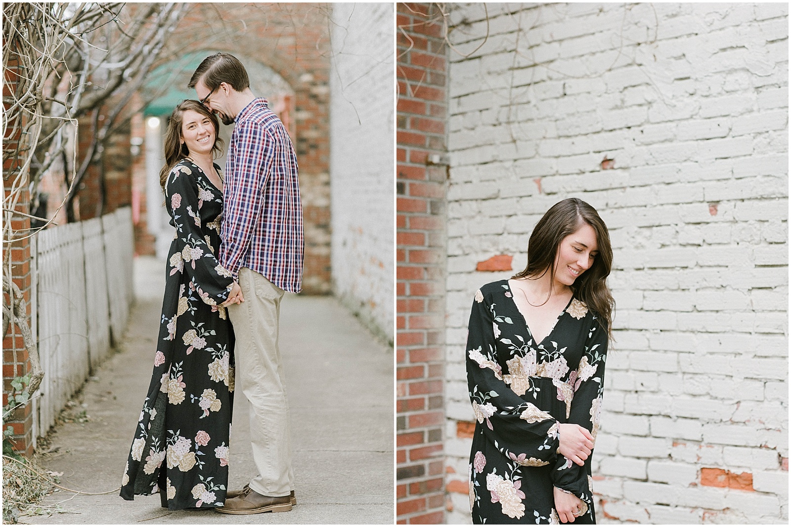 bride wearing black floral maxi dress for winter engagement photos