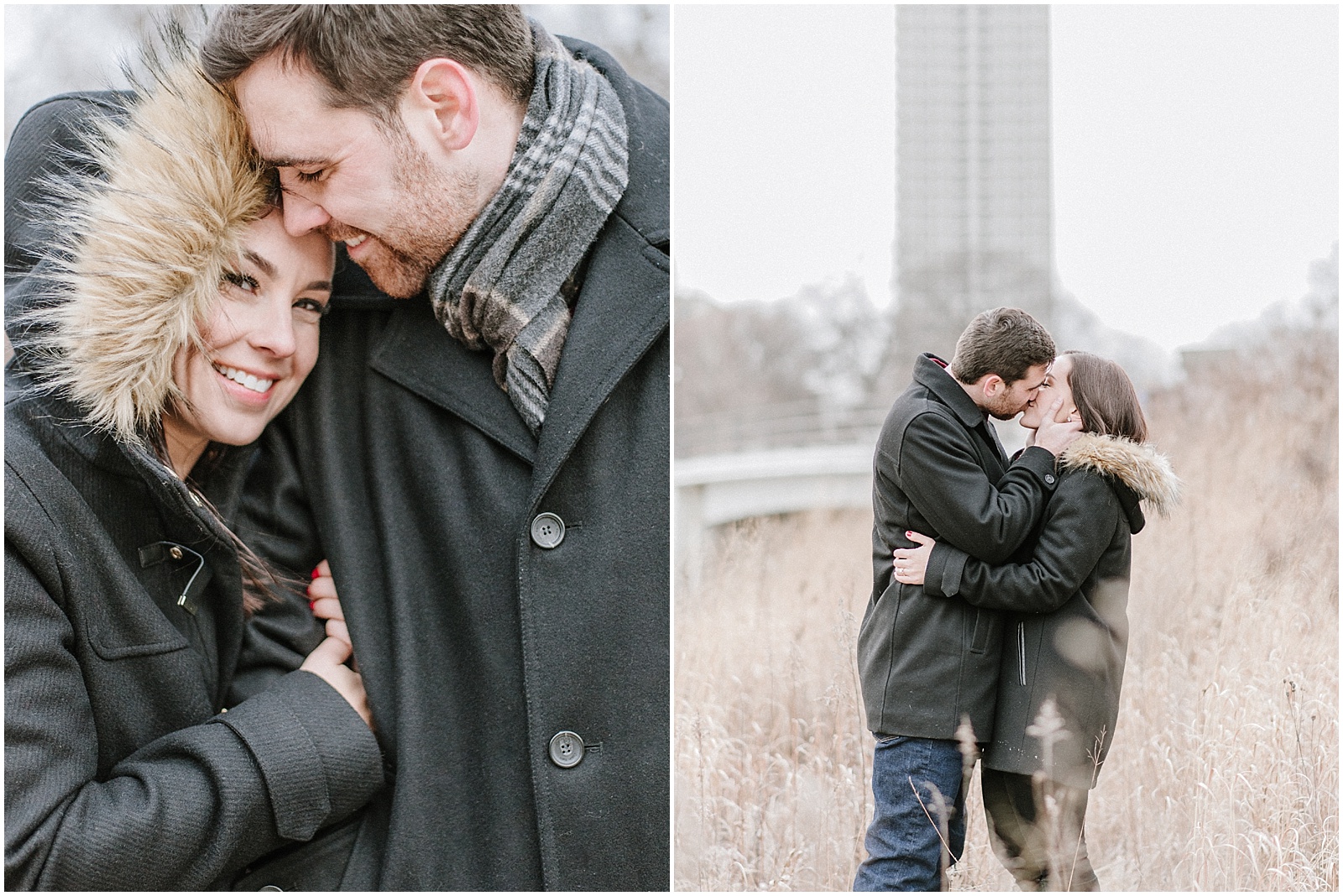 Winter engagement photos with fur coat