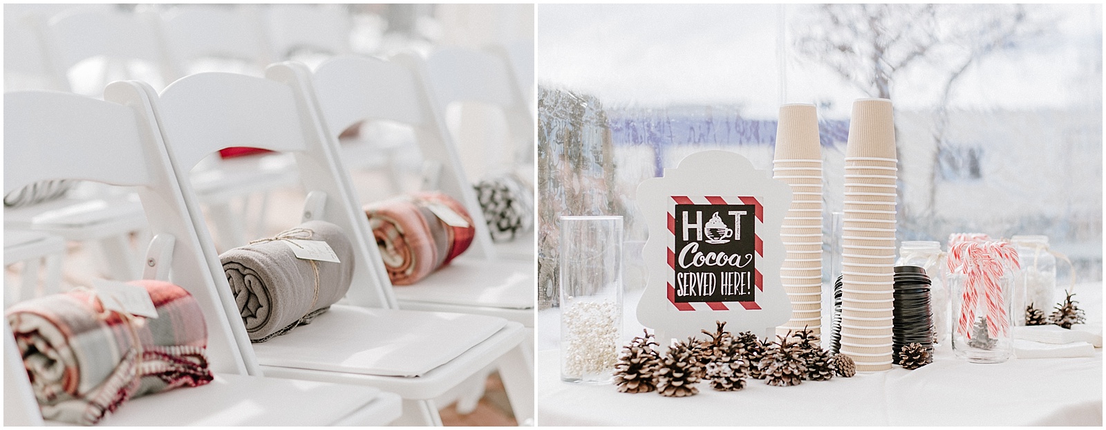 winter wedding outdoor ceremony blankets and hot chocolate