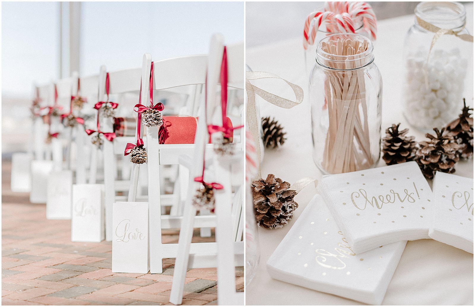 winter wedding ceremony inspiration hot chocolate and pine cone aisle decorations