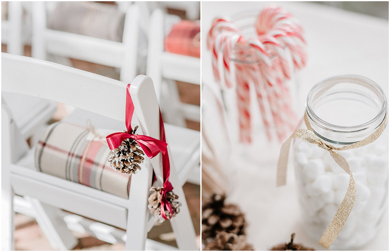 pine cone aisle decoration and hot chocolate bar outdoor winter wedding ceremony