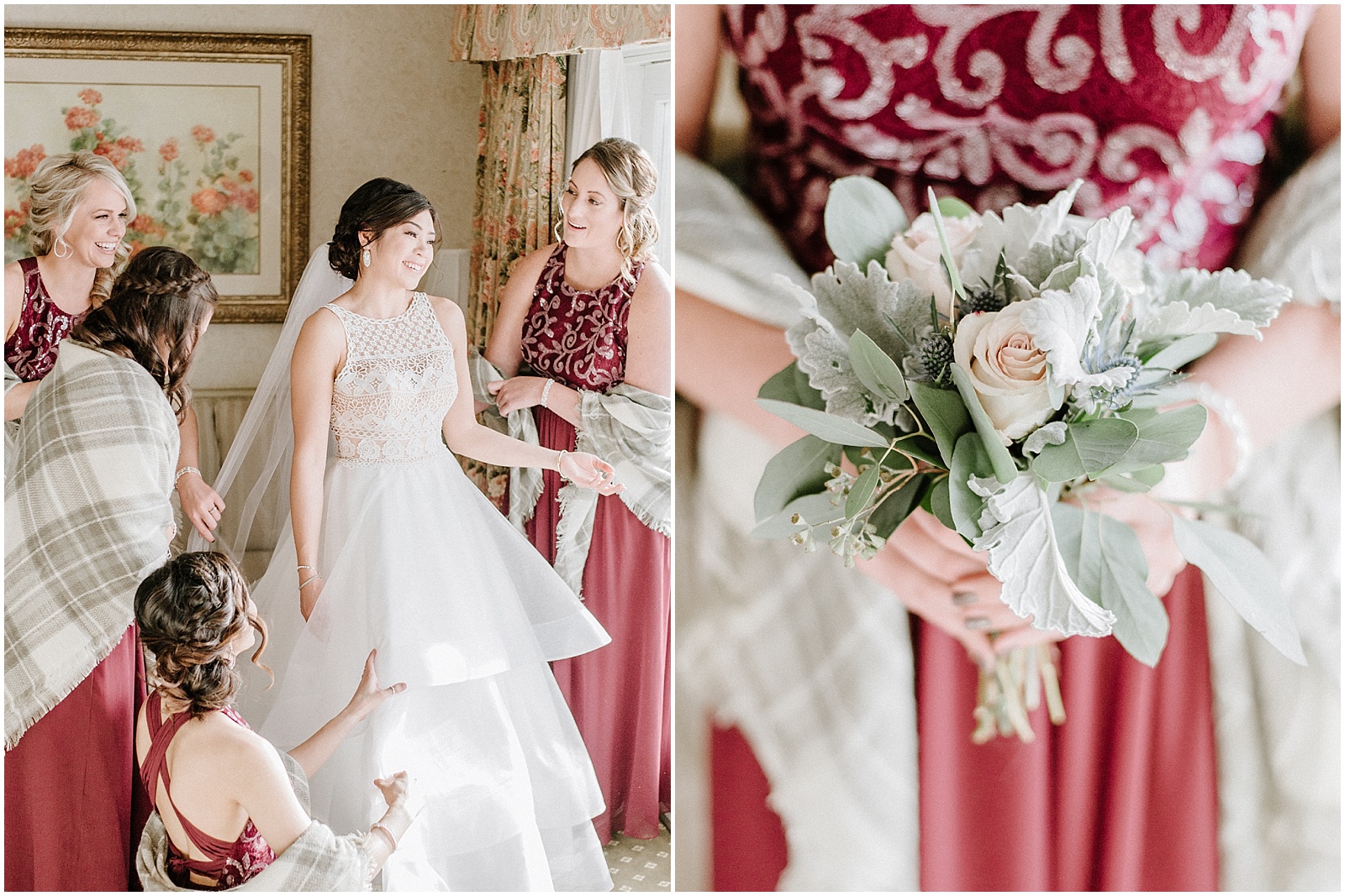 bridesmaids helping bride get ready in burgundy gowns