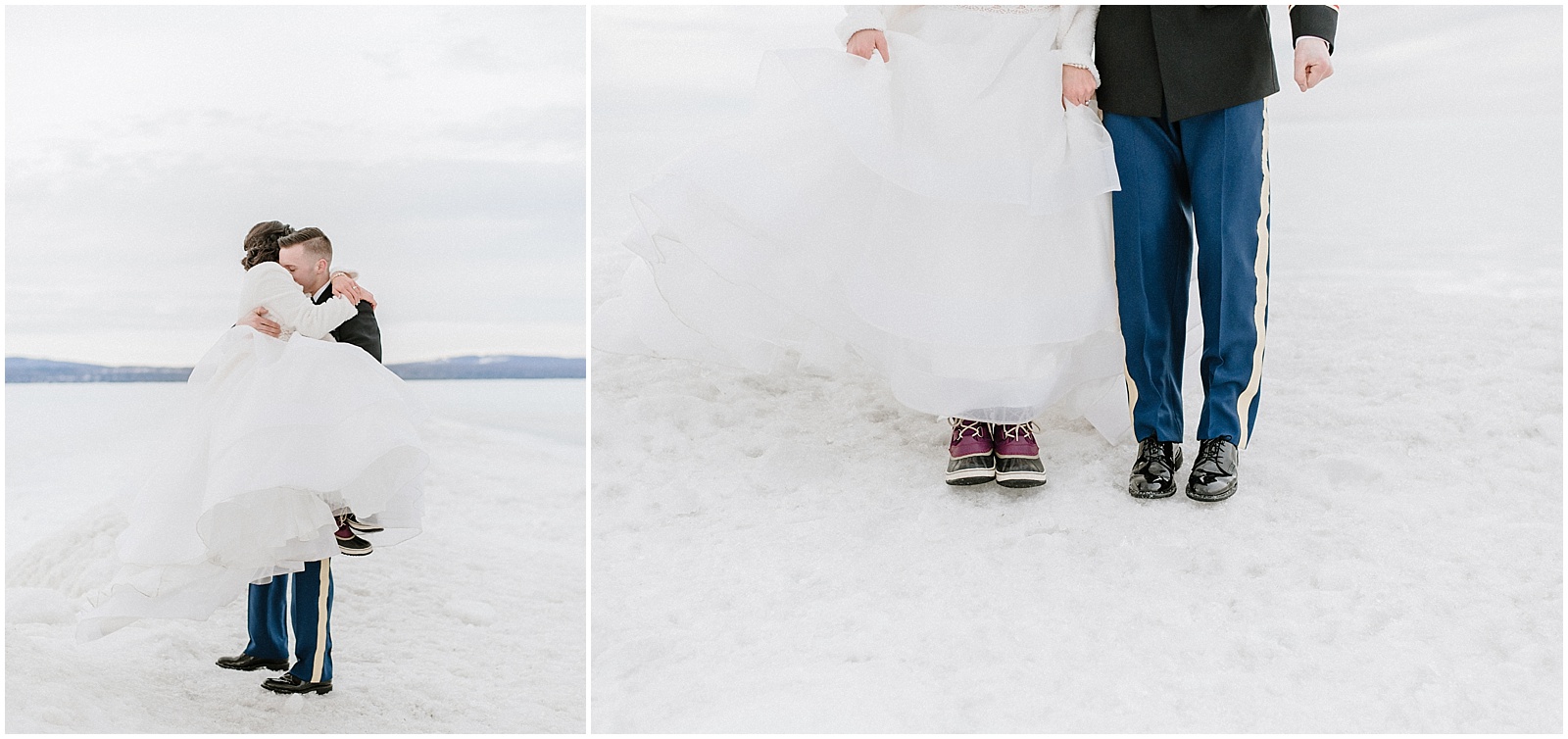 bride wearing snowboots