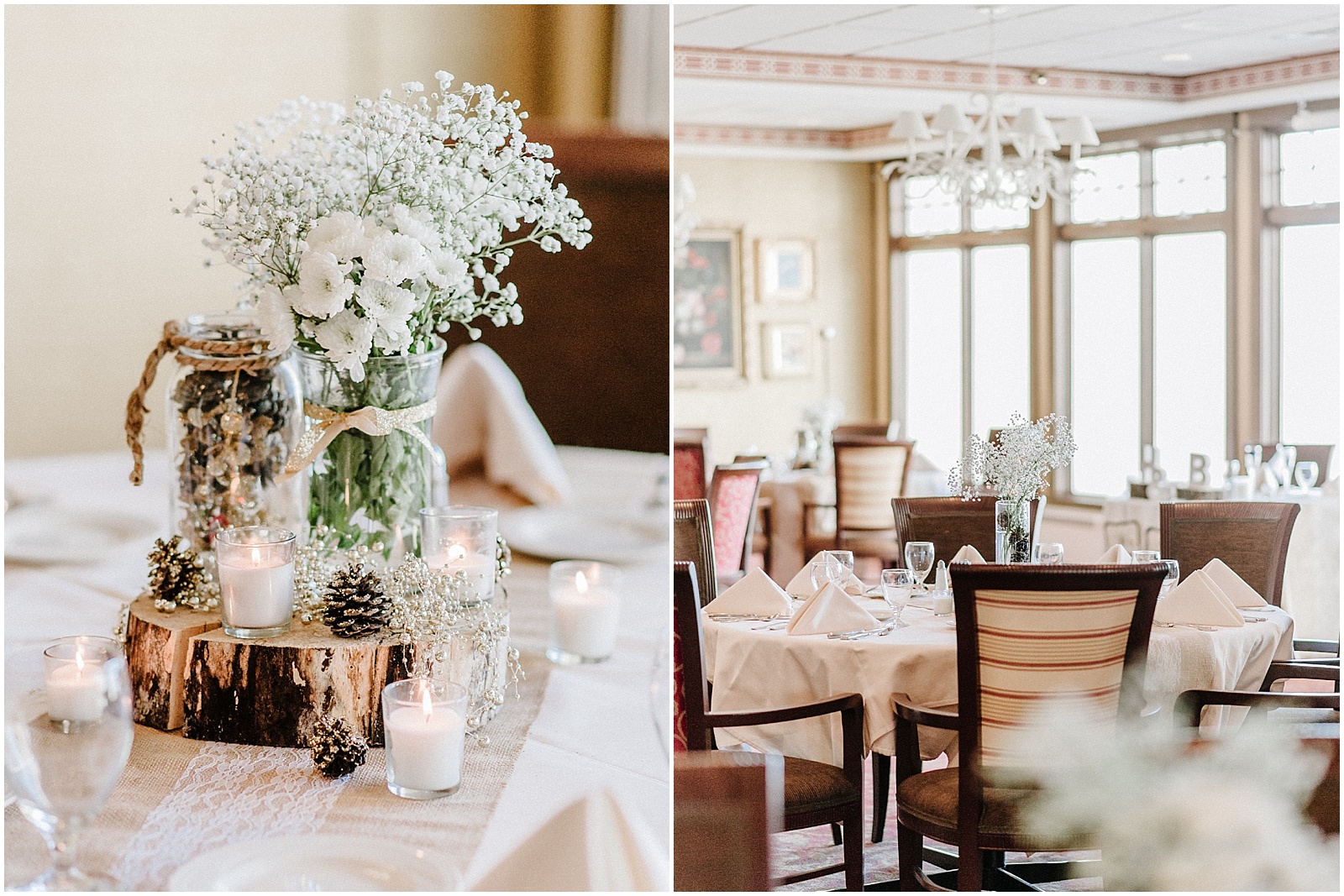 simple winter wedding reception babys breath and tree rounds