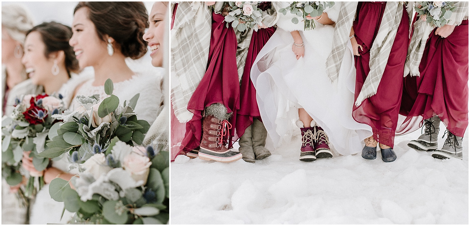 winter bridesmaid inspiration burgundy gowns with grey flannel wraps
