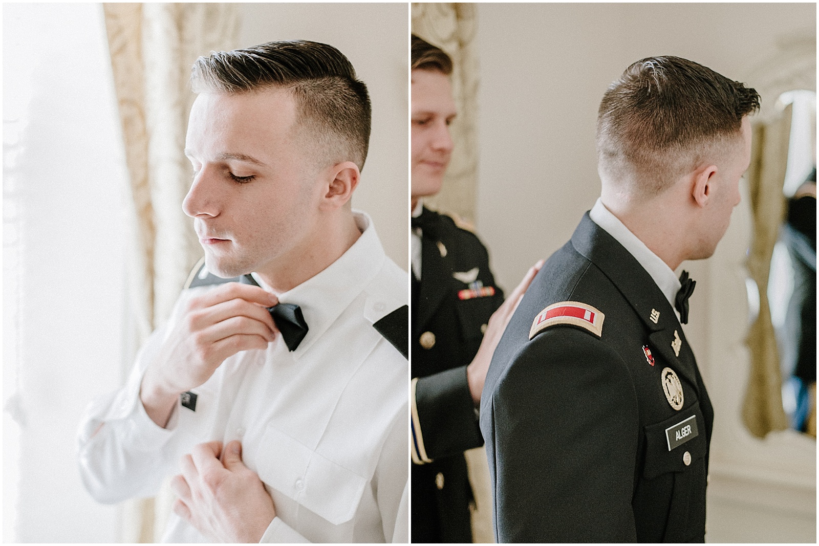 groom putting on tie and coat