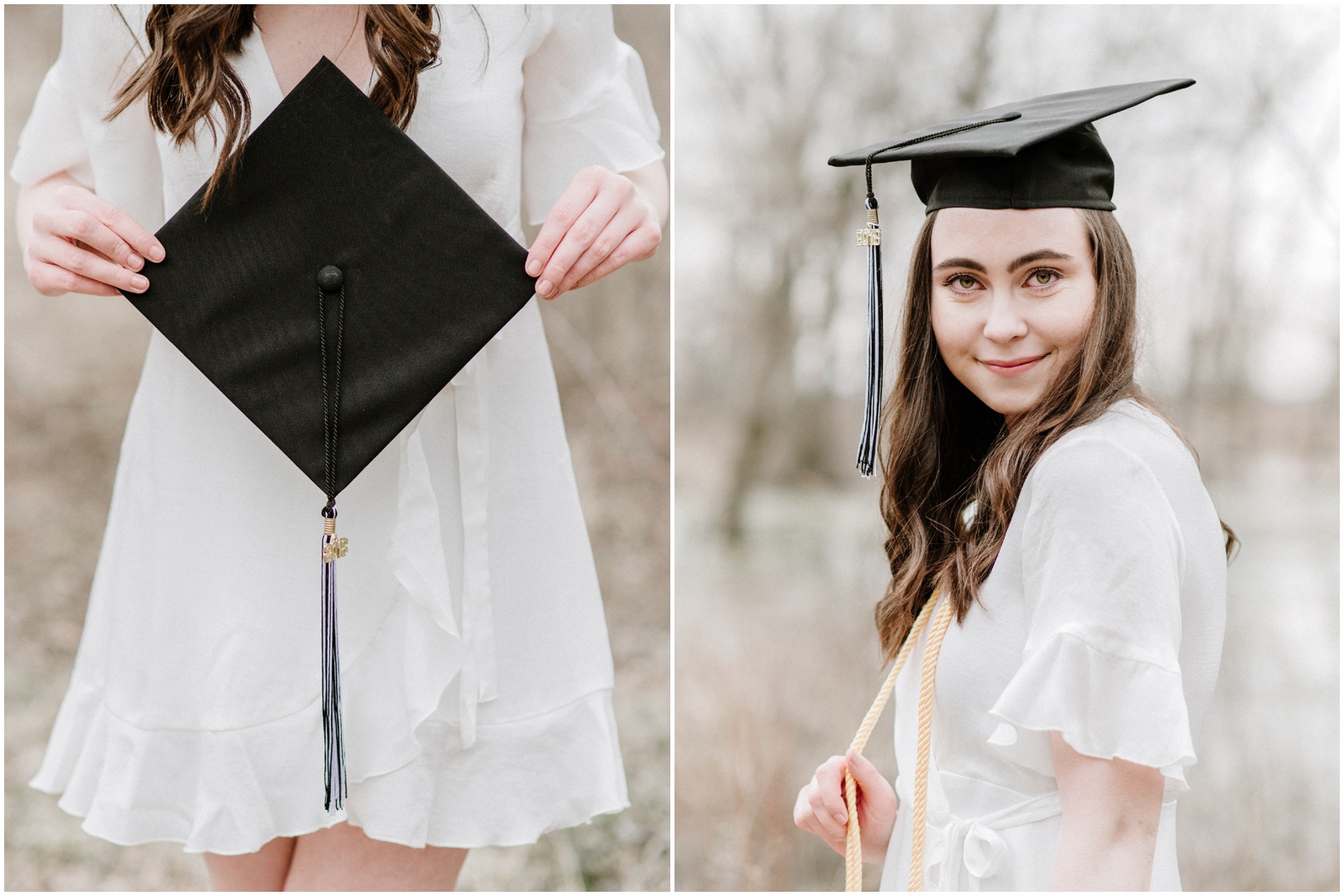 Senior portraits with a white dress in a forest preserve
