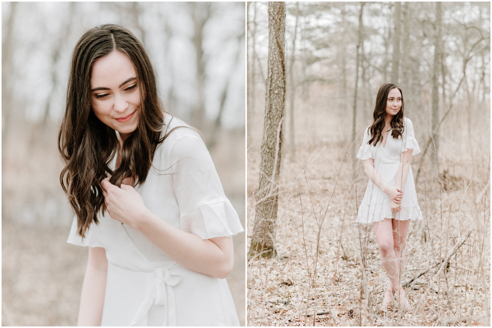 Senior photos in a forest preserve with a white dress