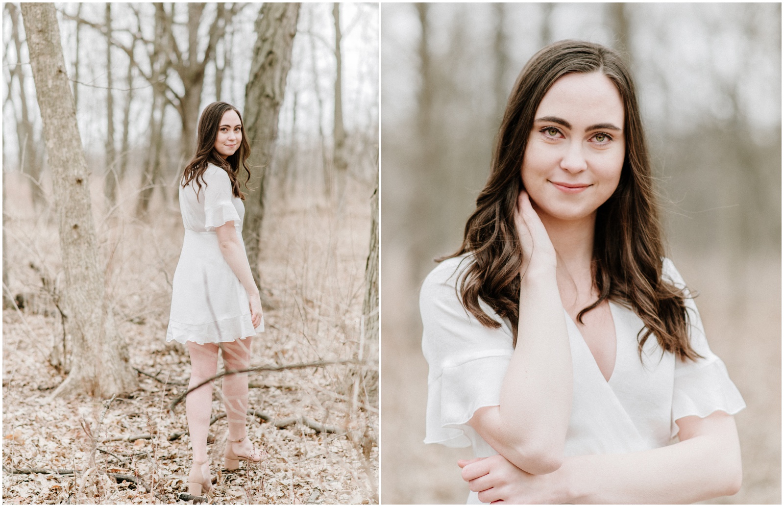 Senior photos with a white dress in a forest preserve