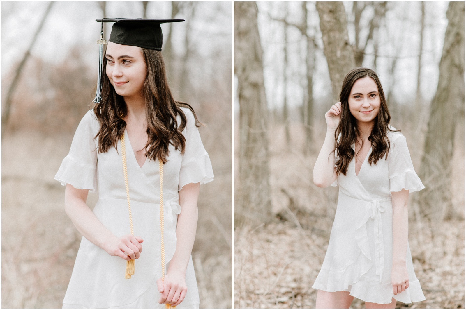 Senior portraits in a forest preserve with a white dress
