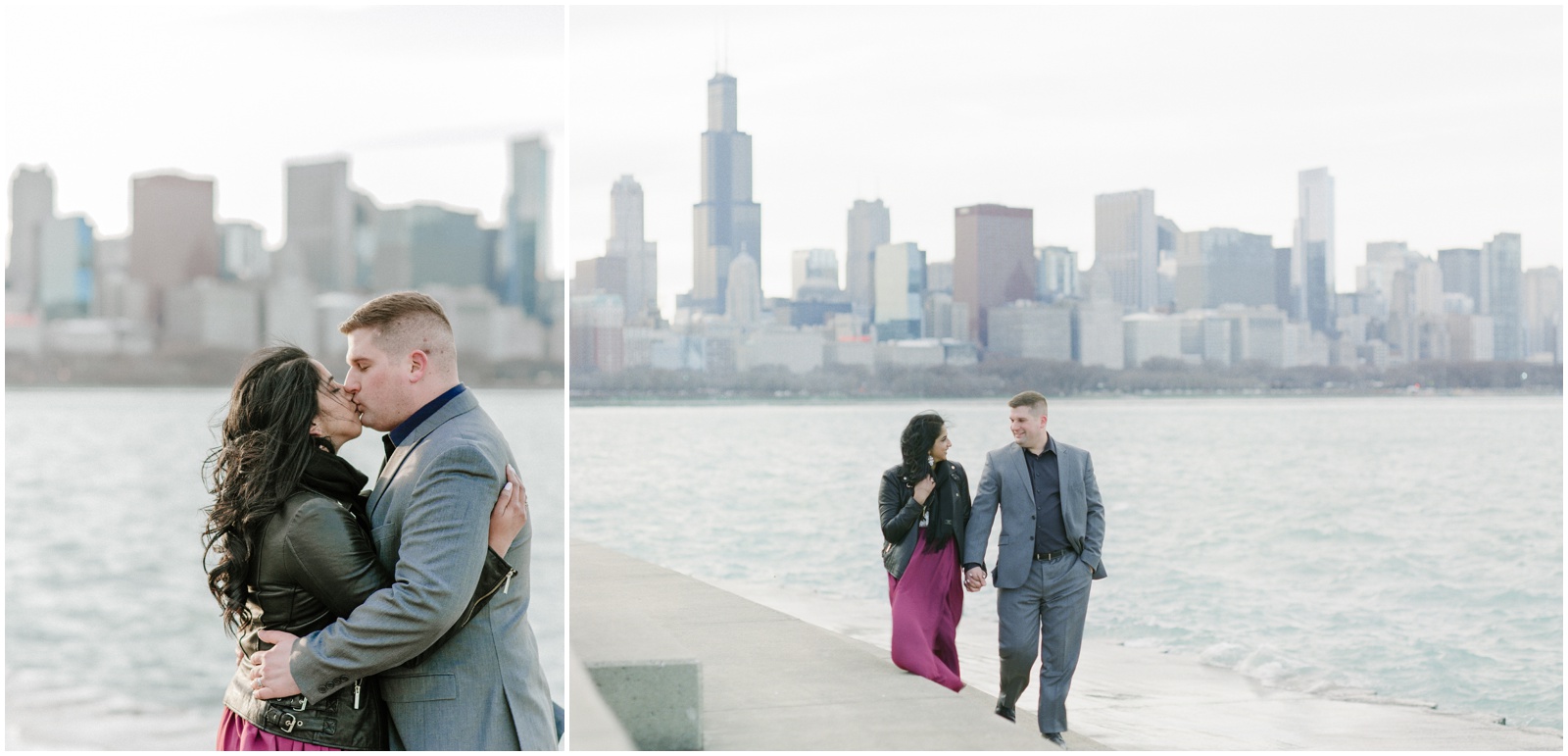 Couple walking in front of Chicago skyline