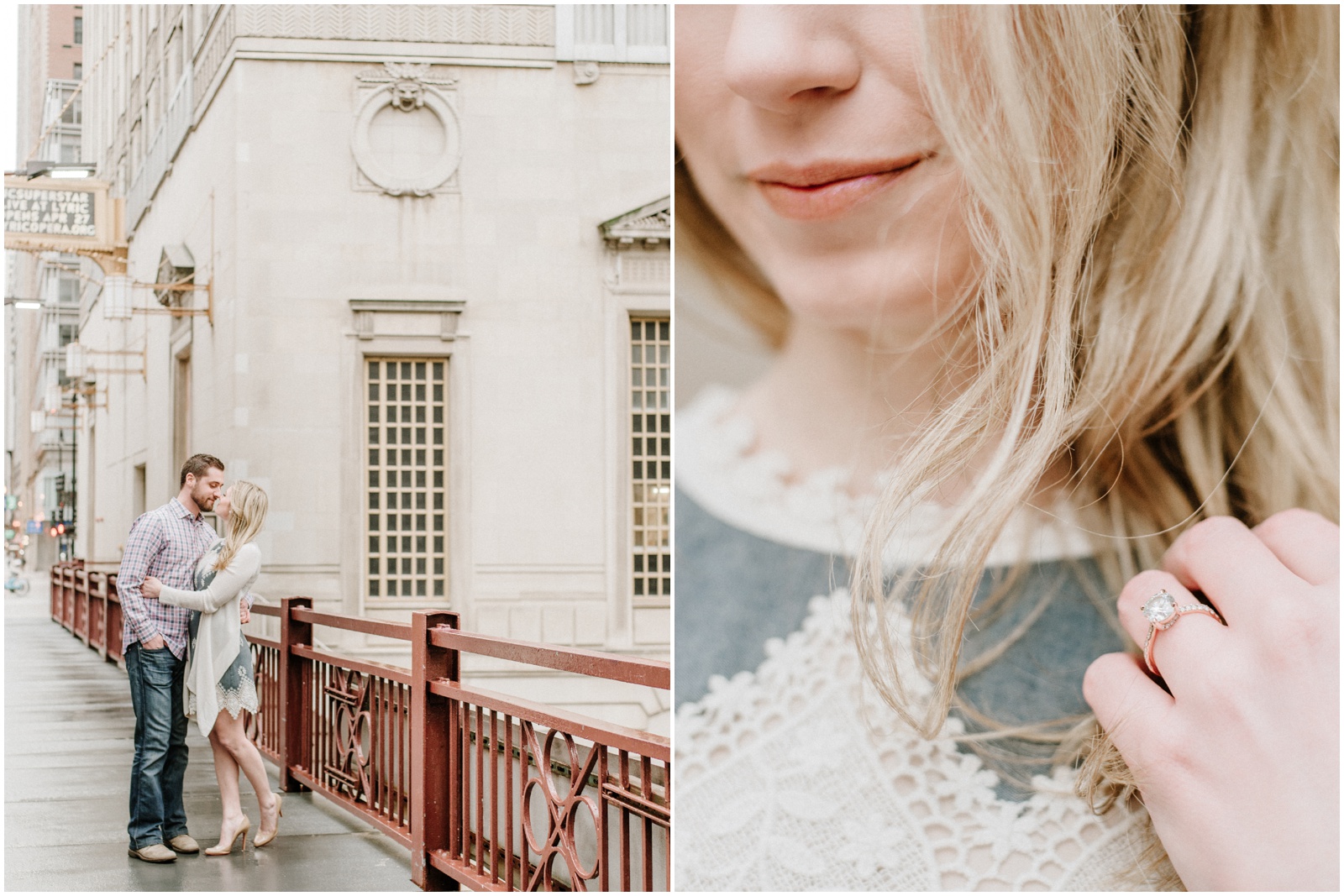 Engagement photos in front of Chicago Civic Opera