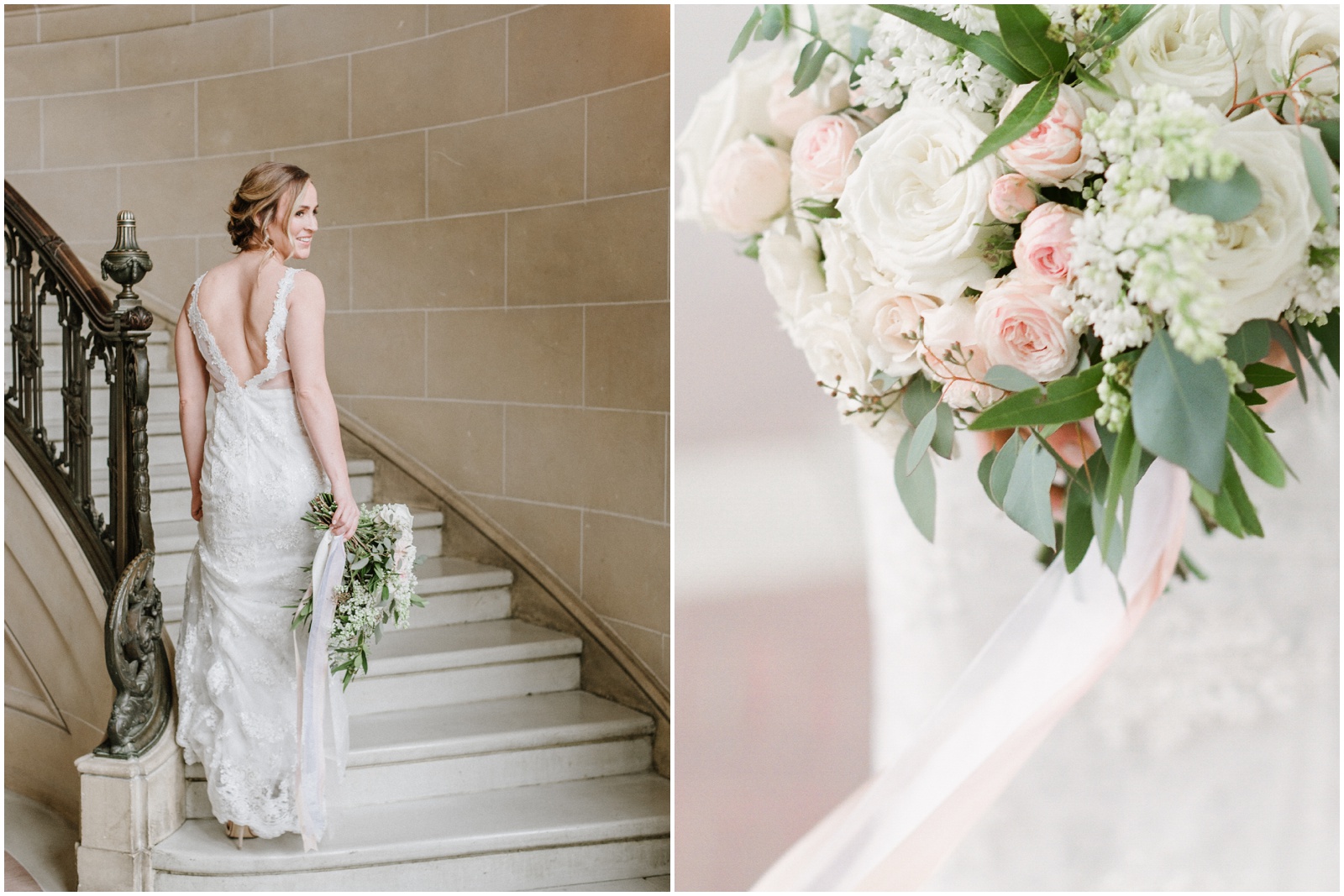 Bride walking up staircase with bouquet