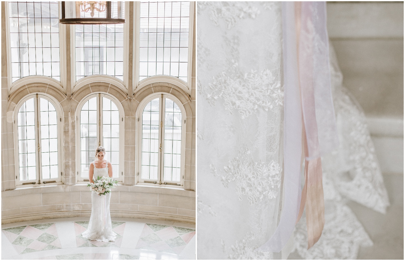 Bride in lace dress in front of large windows