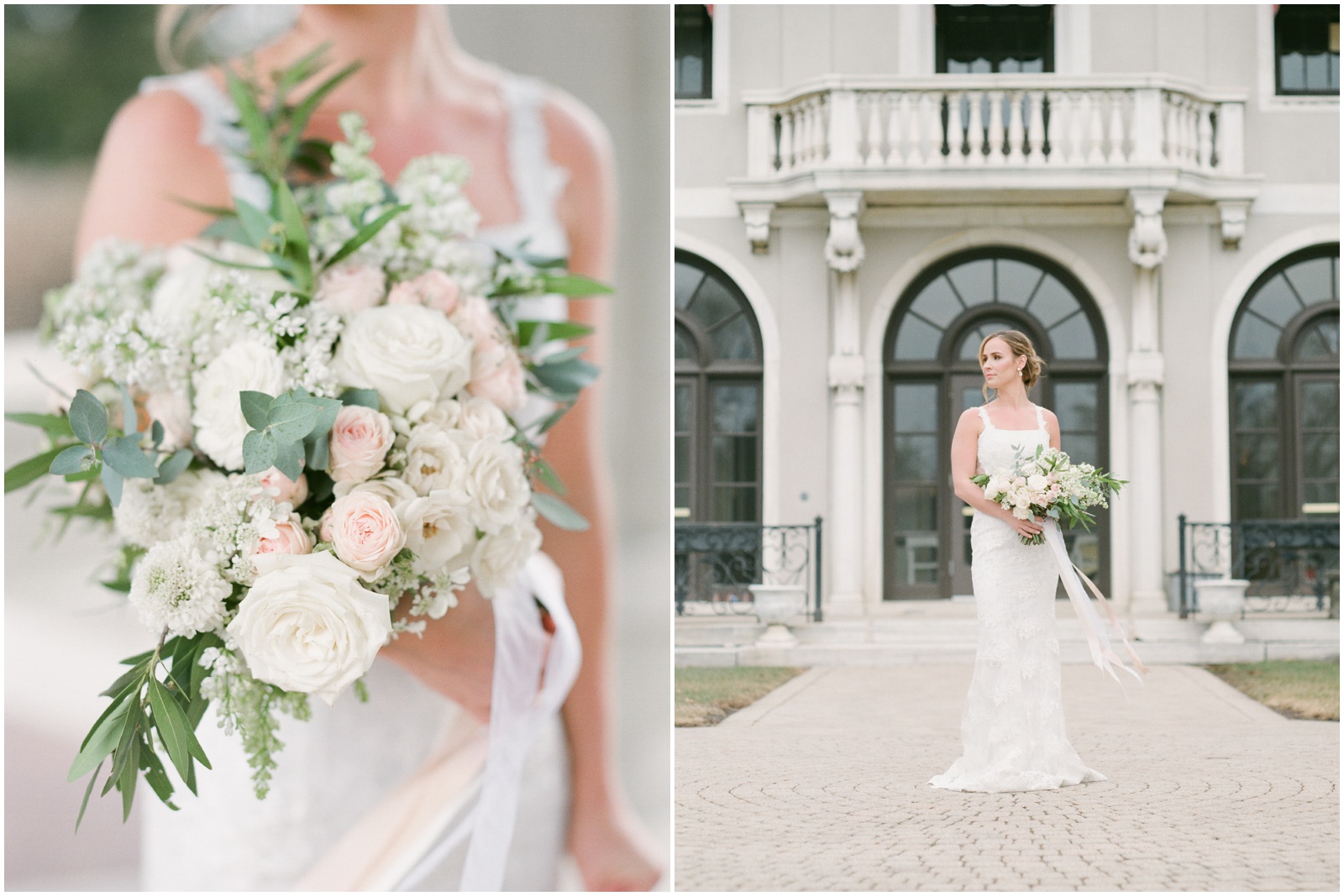 Romantic pink, white and green wedding bouquet