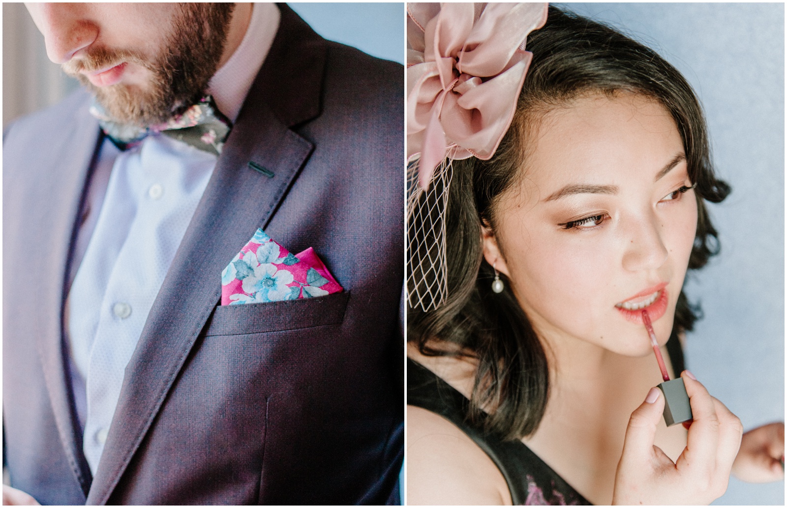 Colorful pocket square and fascinator for wedding