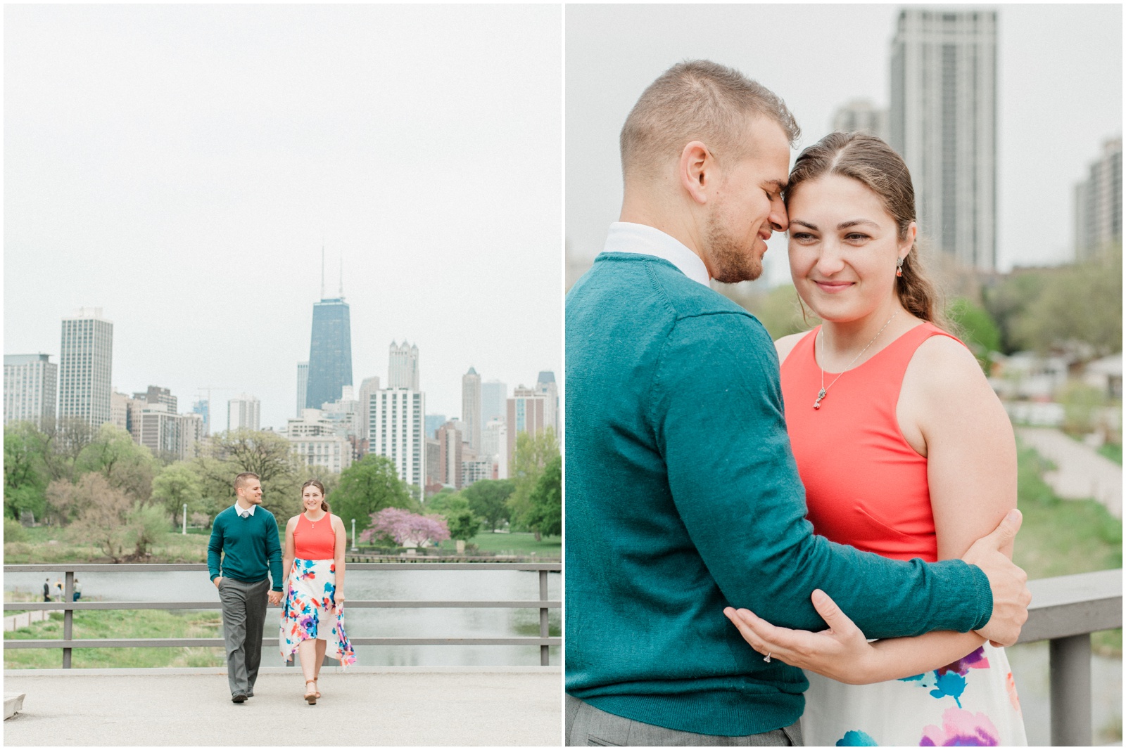 Chicago Engagement Lincoln Park | Couple walking on bridge with skyline in background