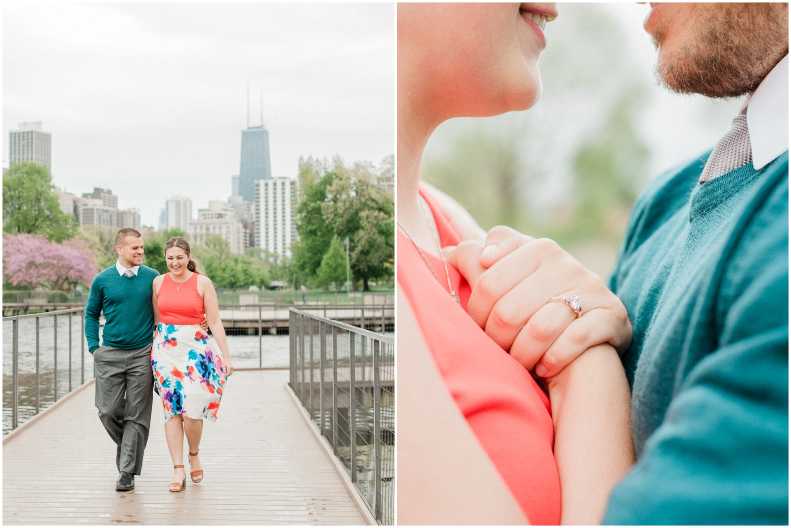 Colorful Spring Engagement Photos Chicago Lincoln Park | Couple walking by a pond