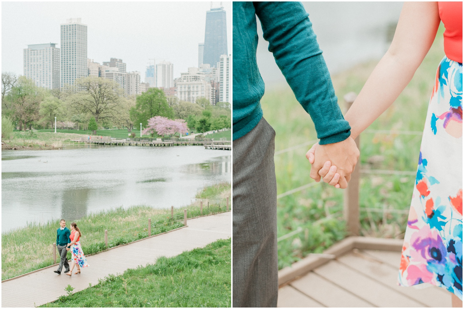 Colorful Spring Engagement Photos Lincoln Park Chicago | Couple walking next to pond