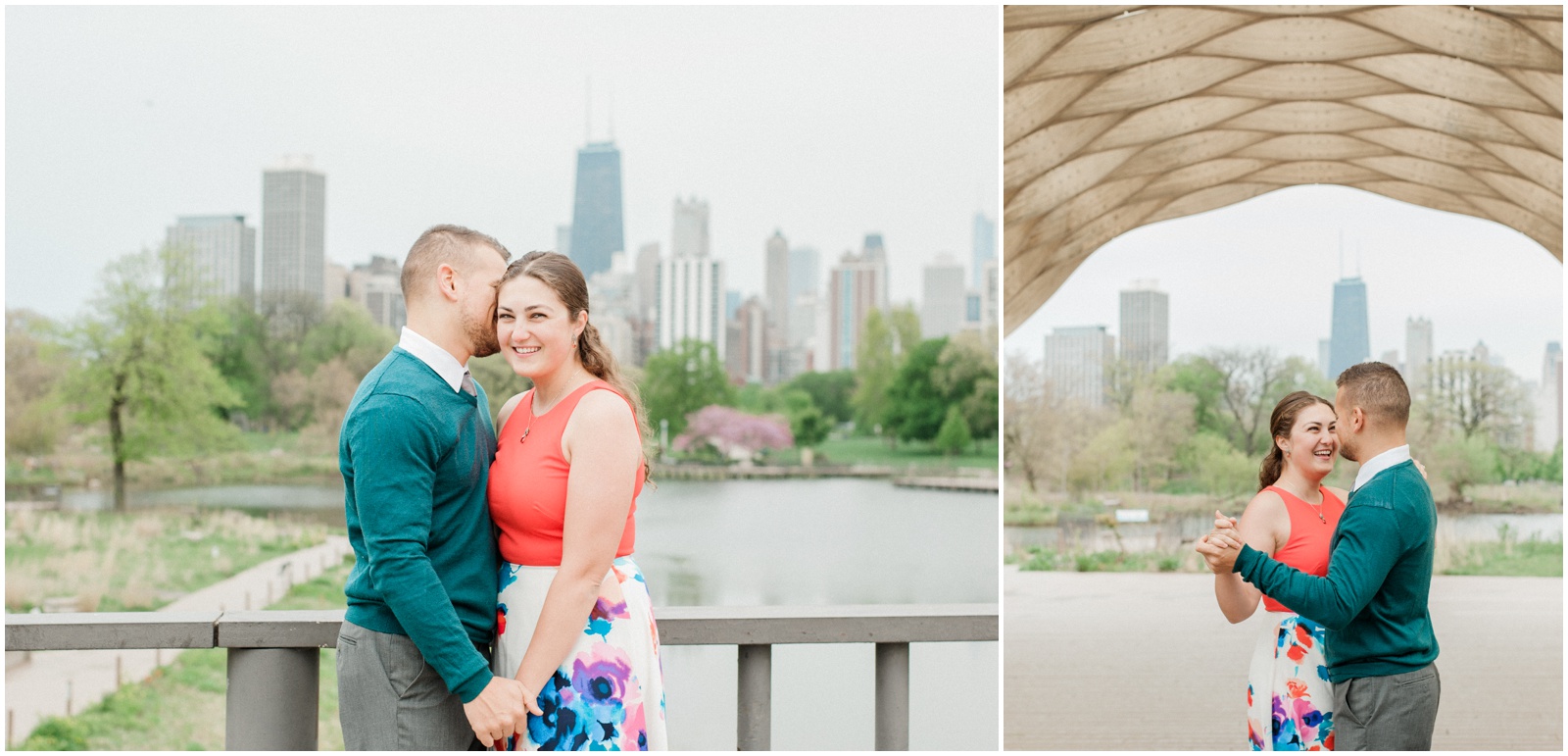 Colorful Spring Engagement Outfits | Couple holding hands on bridge