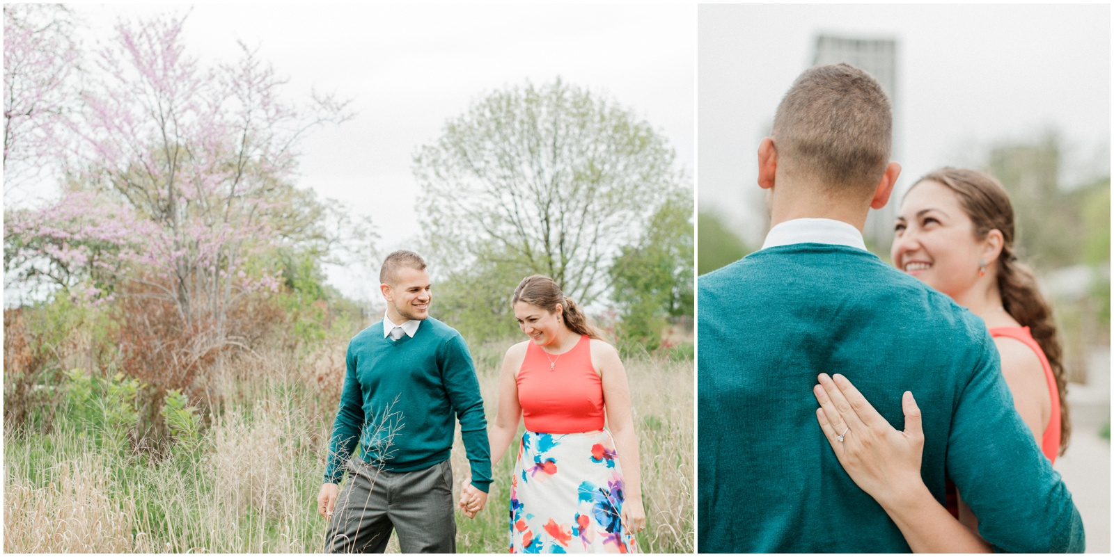 Colorful Spring Engagement Session | Couple walking through park
