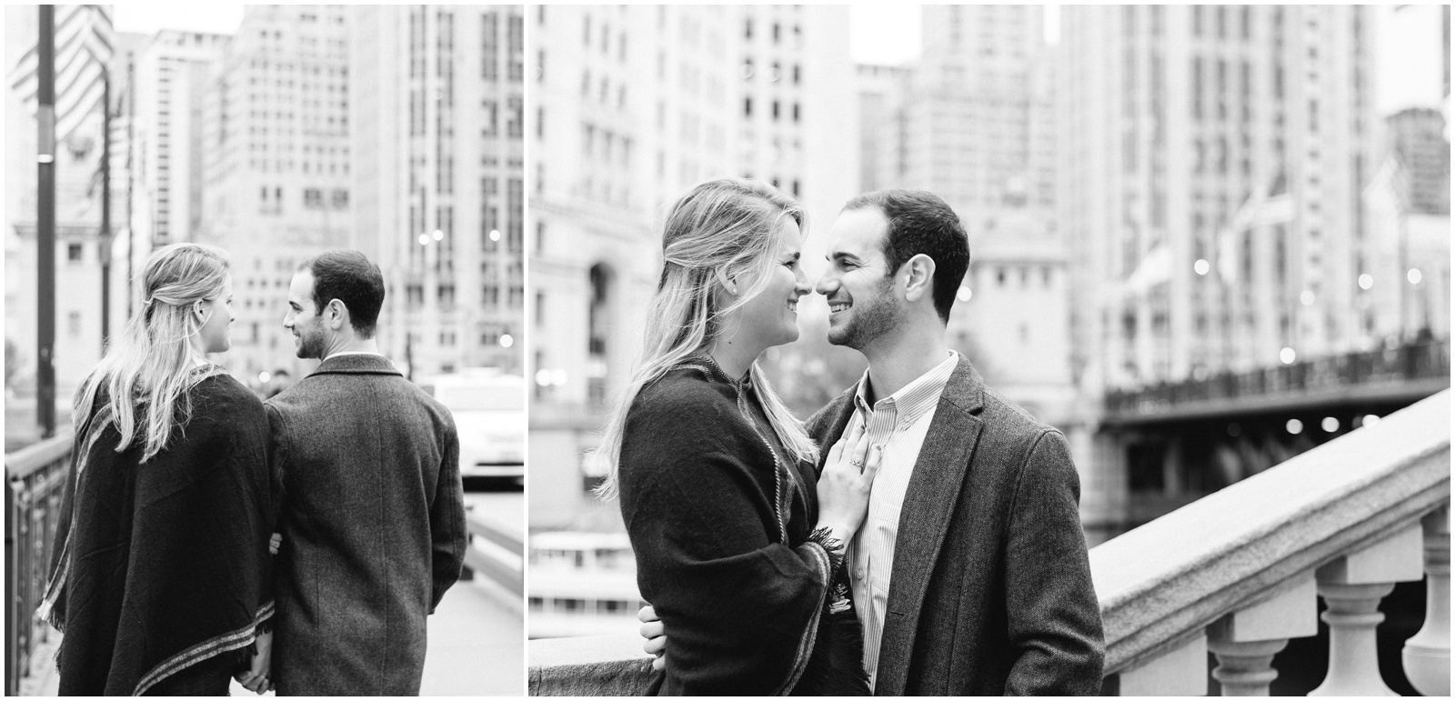 Downtown Chicago Anniversary Session | Couple walking on Chicago bridge