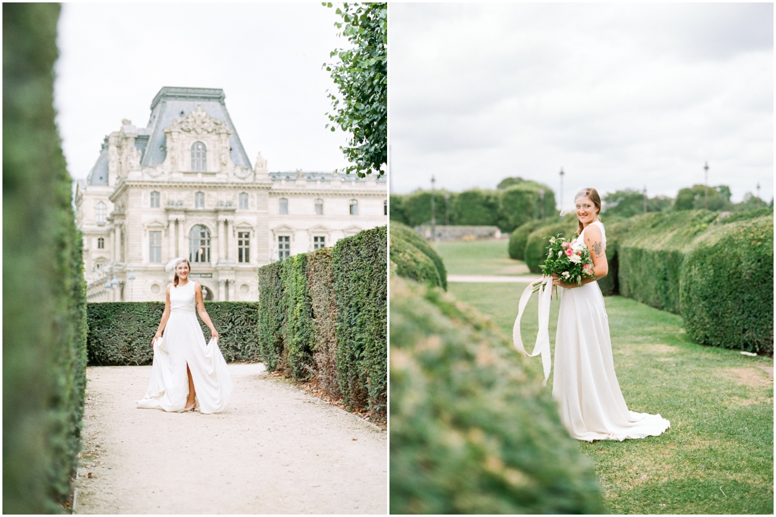 Bride walking in Louvre Gardens in silk dress