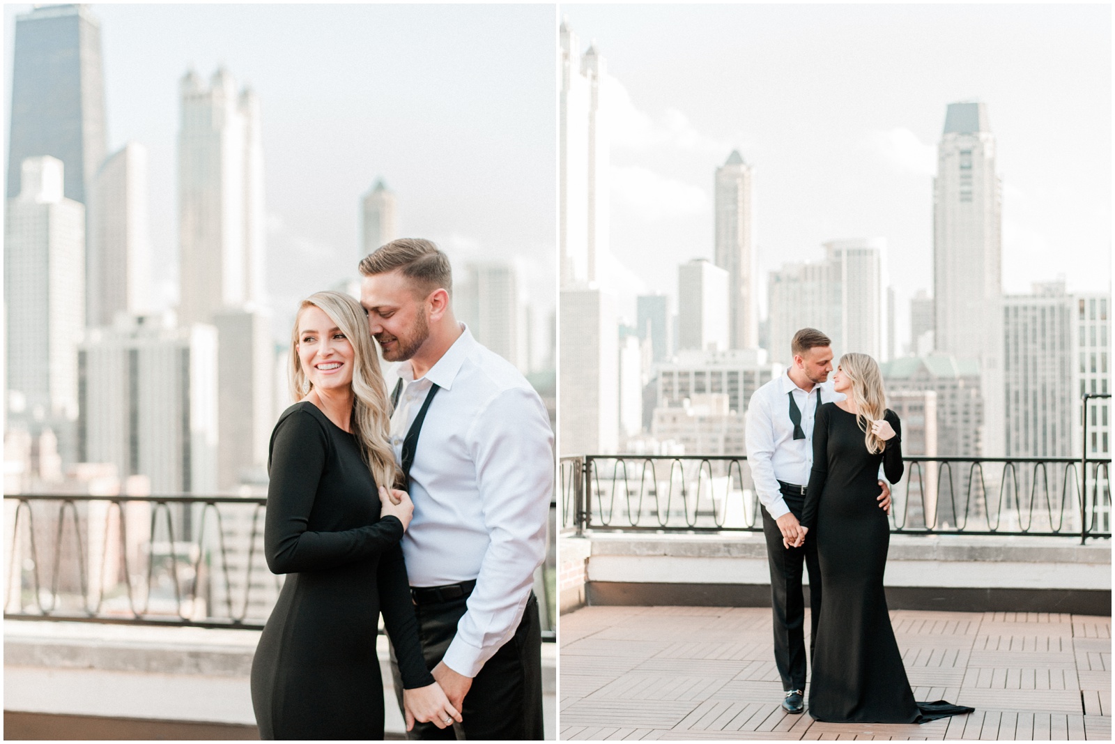 Dressy black tie engagement downtown Chicago