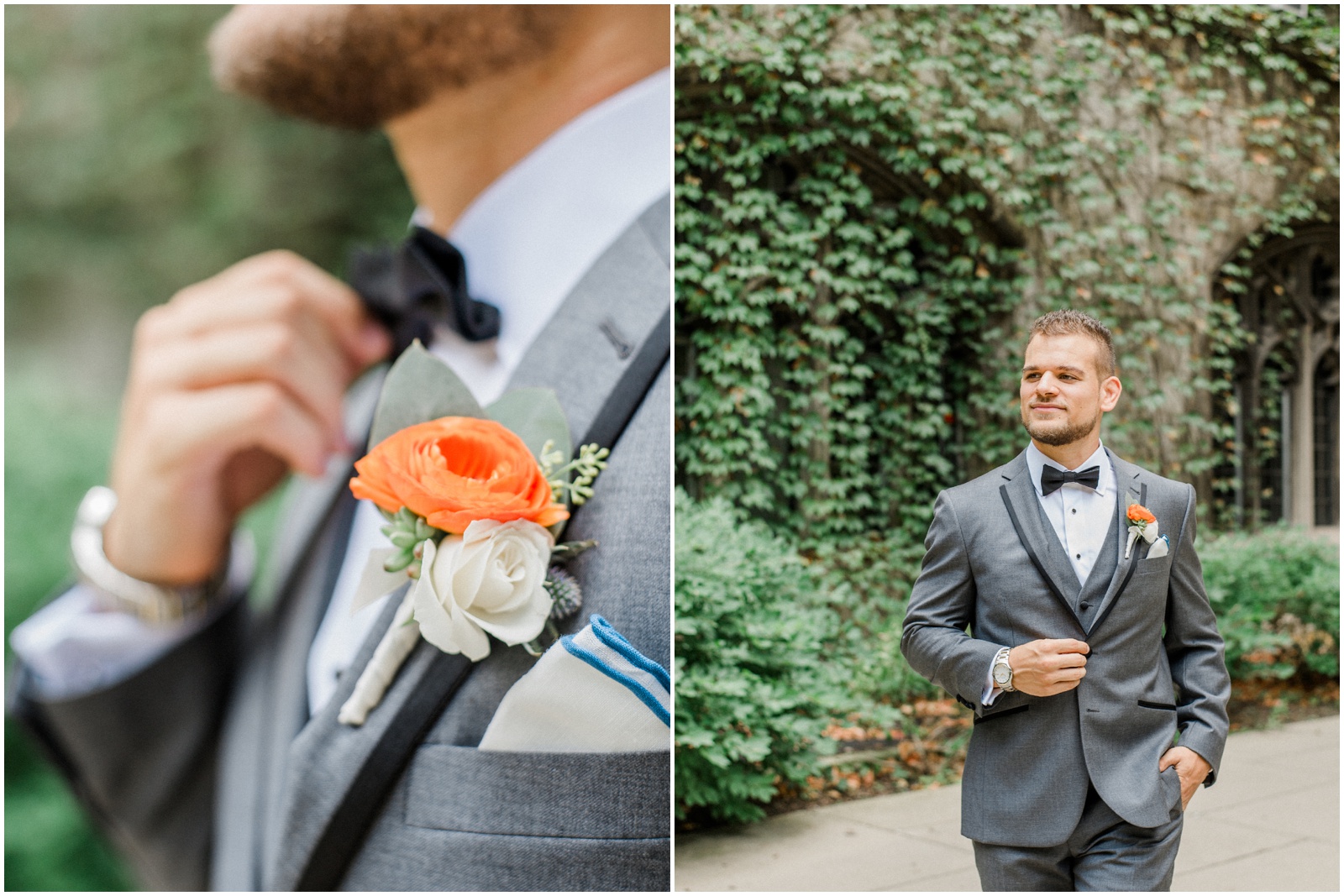 Orange and white boutonneire with grey suit