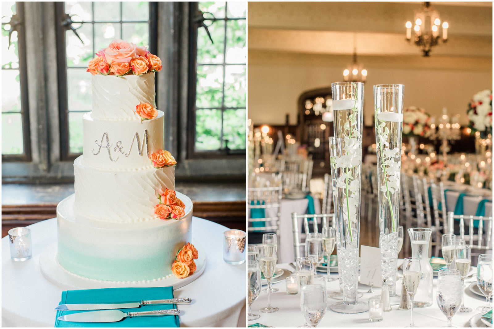Coral and teal ombre wedding cake