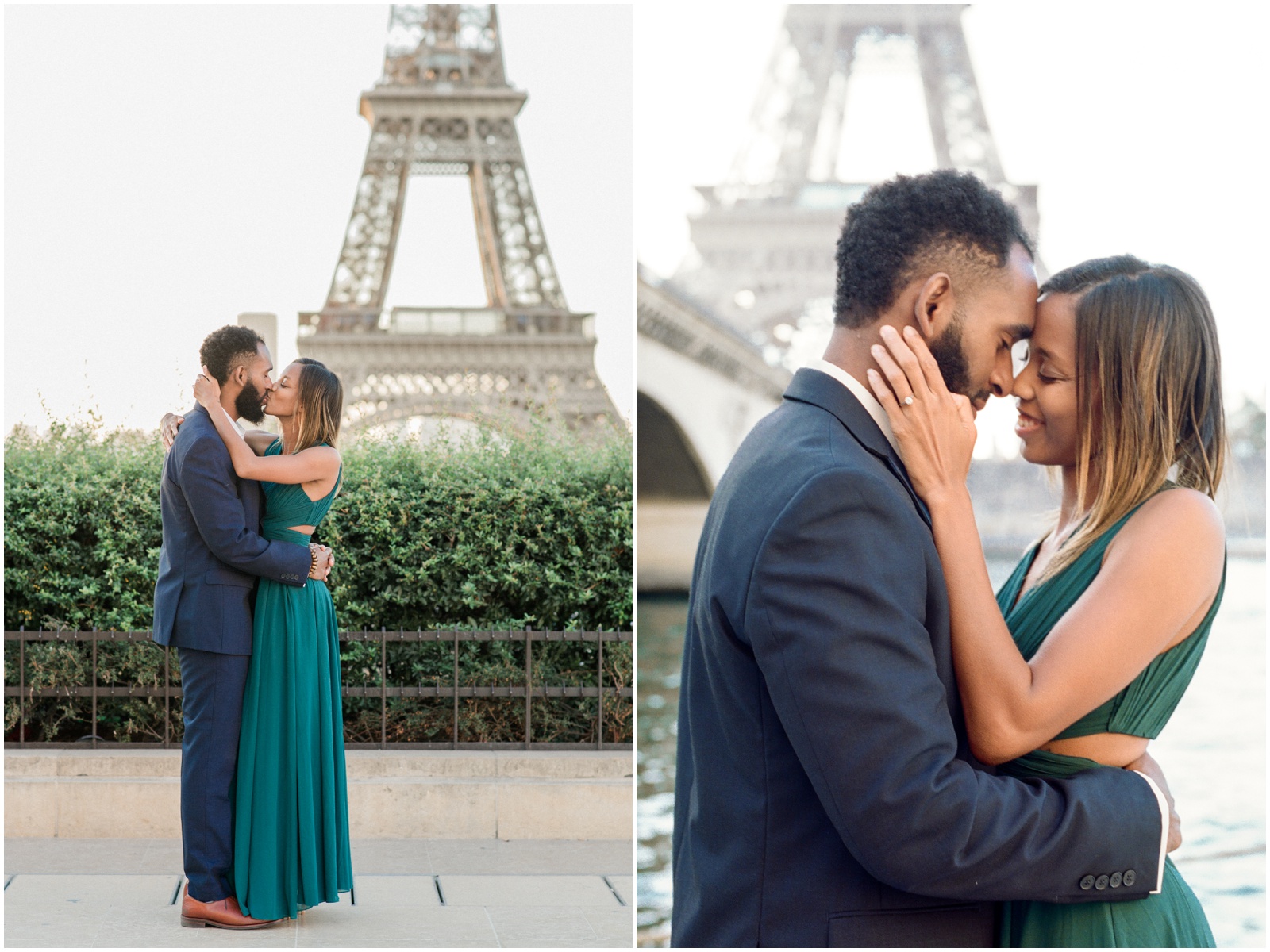 Engaged couple in front of Eiffel Tower