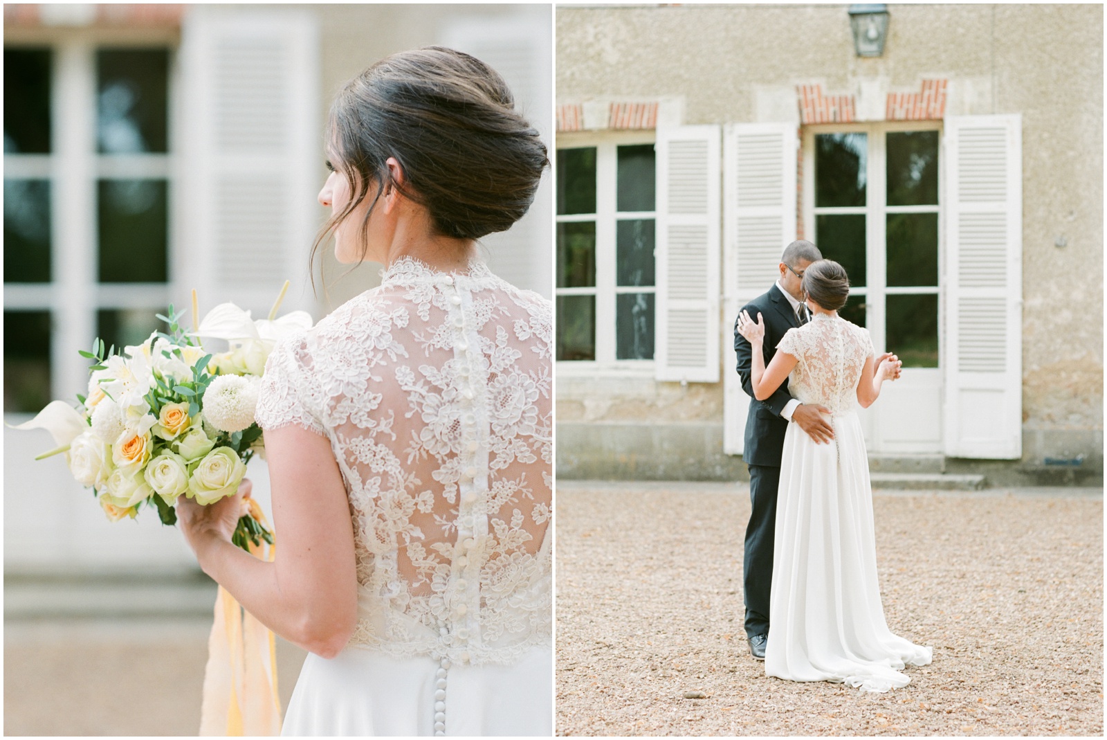 Elegant chateau wedding with bride in lace dress