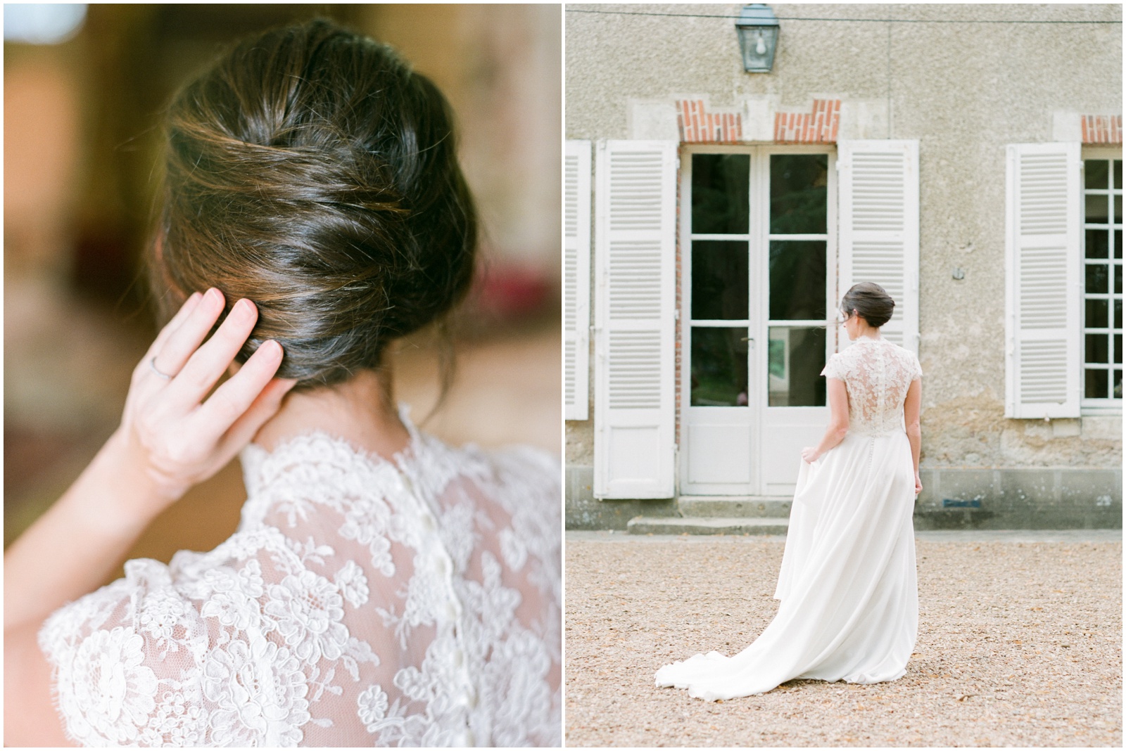 French twist updo with lace wedding dress