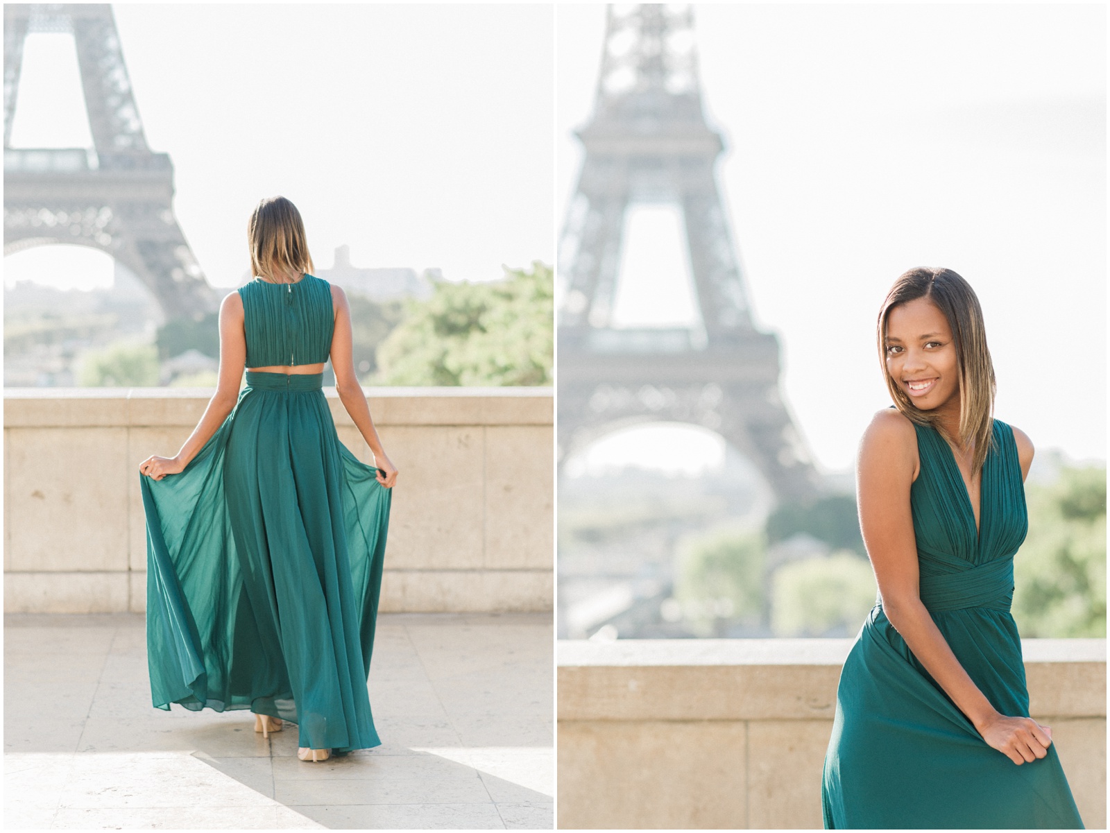 Gorgeous green dress at Eiffel Tower