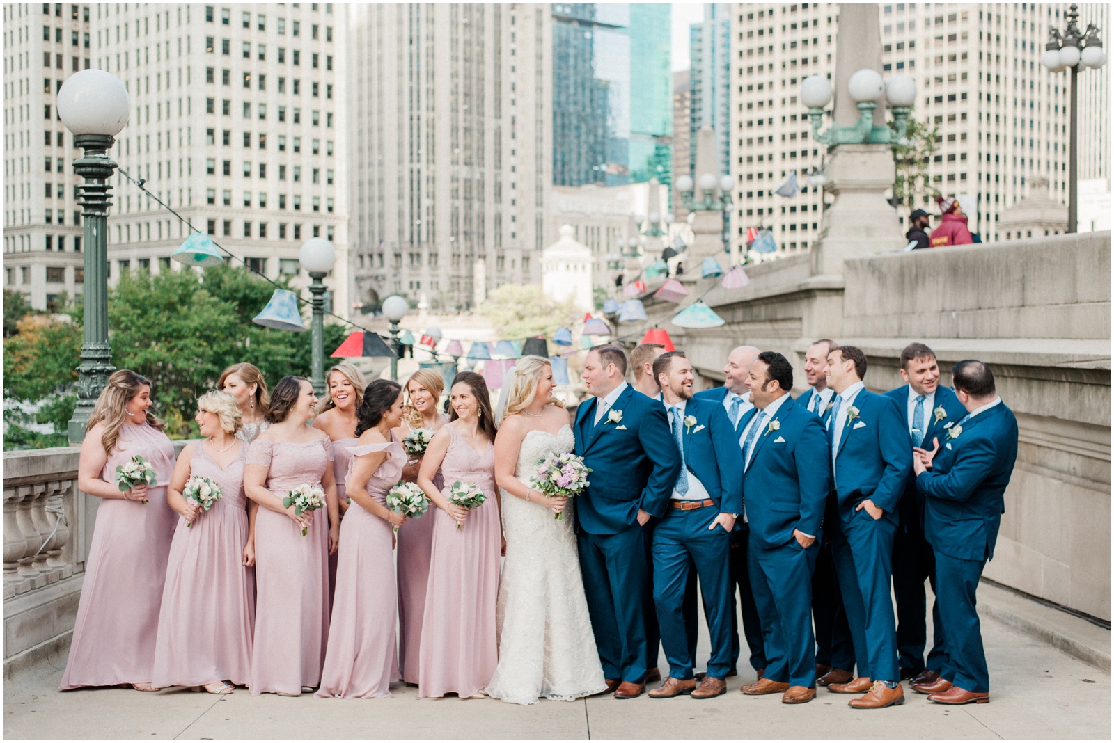 bridal party wearing blush and navy